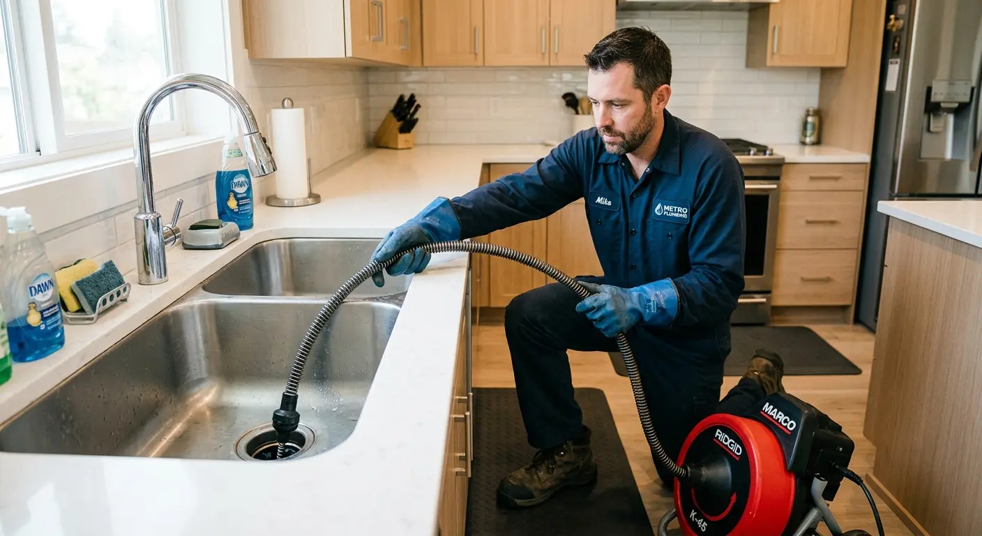 Drain cleaning technician using a motorized snake on a kitchen sink in Sappington