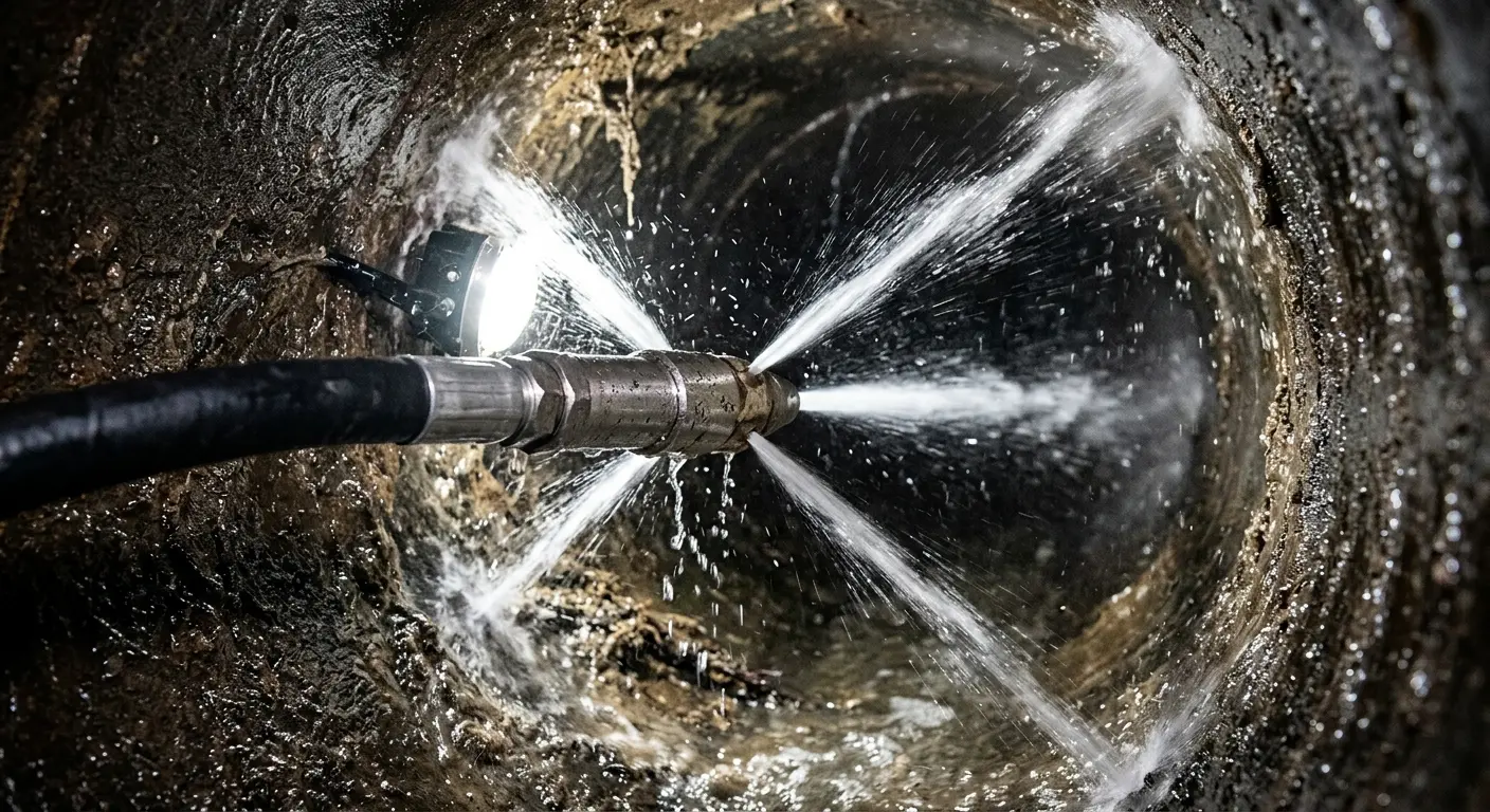 High-pressure hydro jetting nozzle cleaning sewer pipe for Emergency Drain Service in Sappington