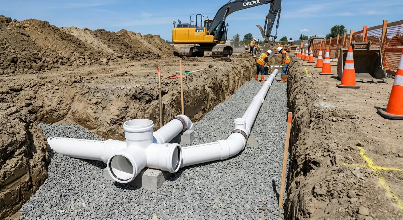 New PVC sewer pipe installation in open trench for Commercial Drain Cleaning in Sappington