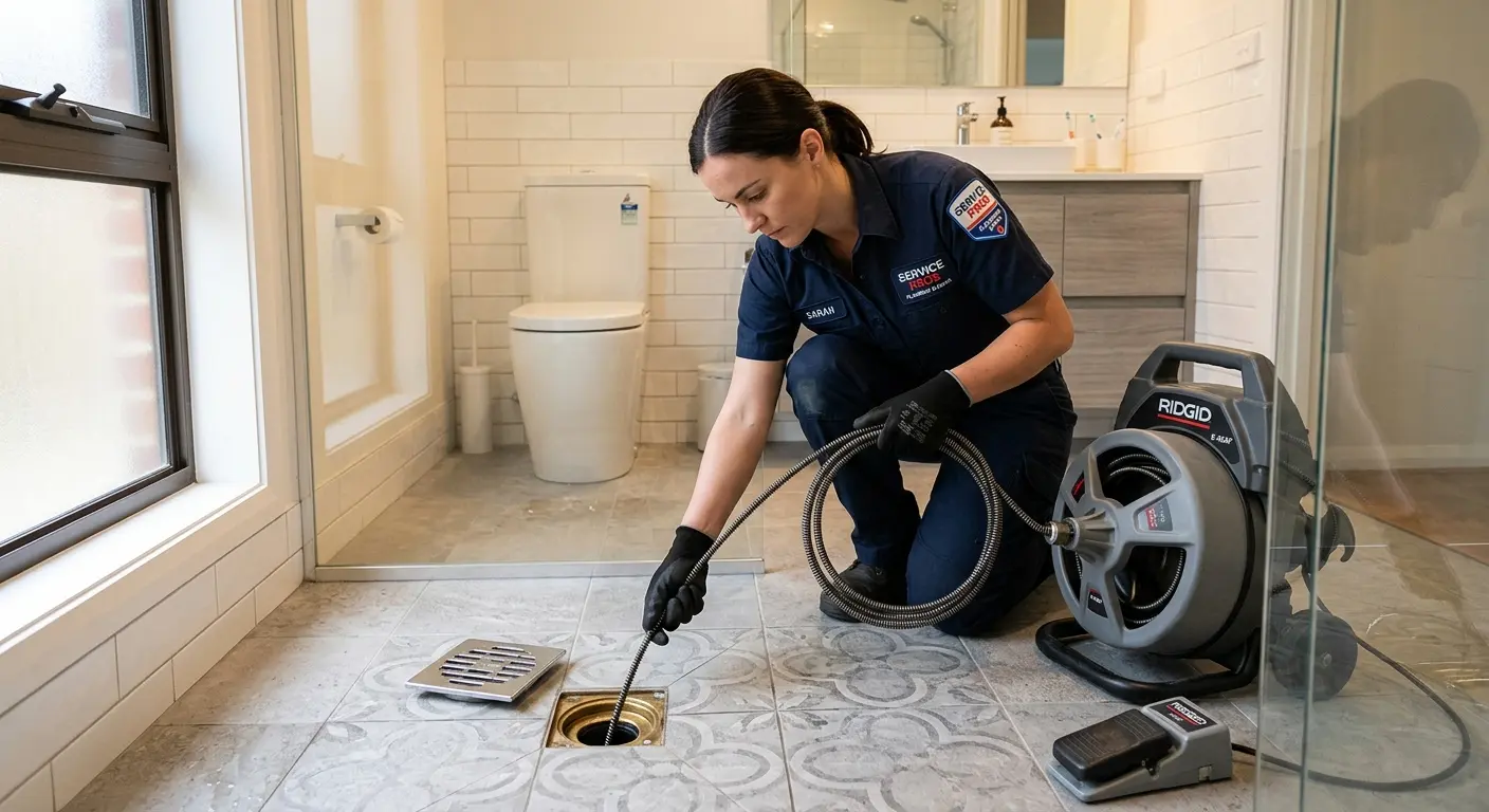Technician clearing a bathroom floor drain for Clogged Drain Repair in Sappington